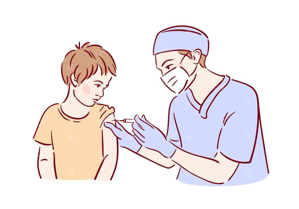 طرحی از پزشک که با مهربانی به پسربچه‌ای واکسن می‌زند؛ کودک آرام و کنجکاو است و رنگ‌های شاد، فضای گرم و صمیمی مطب را به تصویر می‌کشند.