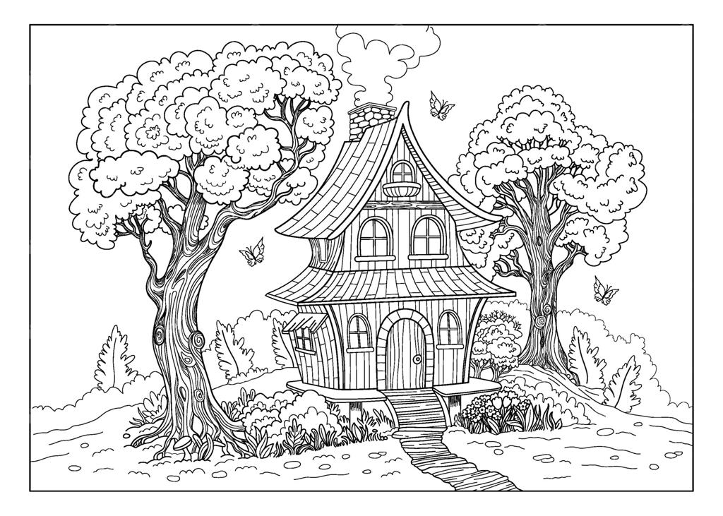 صفحه رنگ‌آمیزی قابل ویرایش: خانه افسانه‌ای، درخت و پروانه‌ها برای کتاب رنگ‌آمیزی کودکان و بزرگسالان. فعالیت‌های کودکان، پوستر و محتوای آموزشی. نقاشی خطی و خلاقانه.