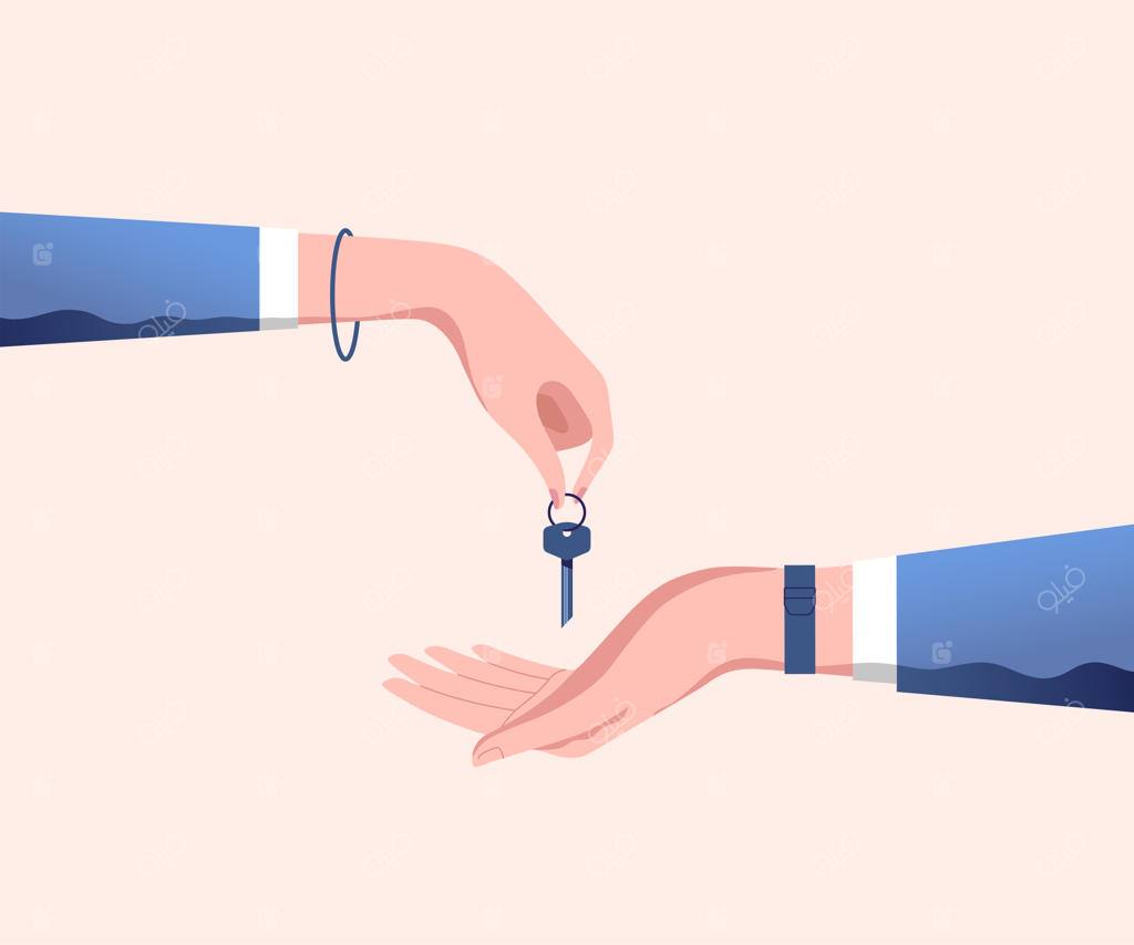 دست مشاور املاک کلیدهای درب خانه را به مشتری می‌دهد. خرید، اجاره یا رهن خانه.