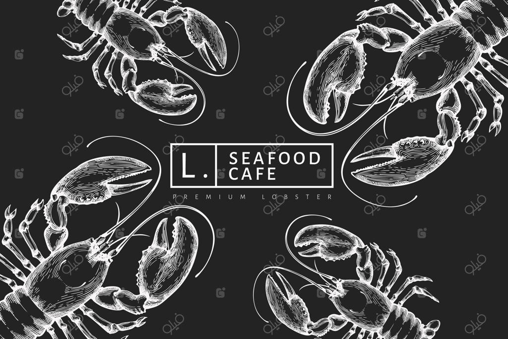 خرچنگ دریایی: تصویرسازی دستی از غذاهای دریایی روی تخته سیاه، سبک حکاکی شده، پس‌زمینه حیوان دریایی قدیمی