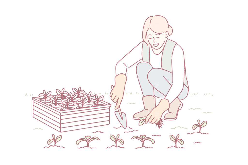 وکتور حرفه‌ای زن در حال کاشت نهال در باغچه