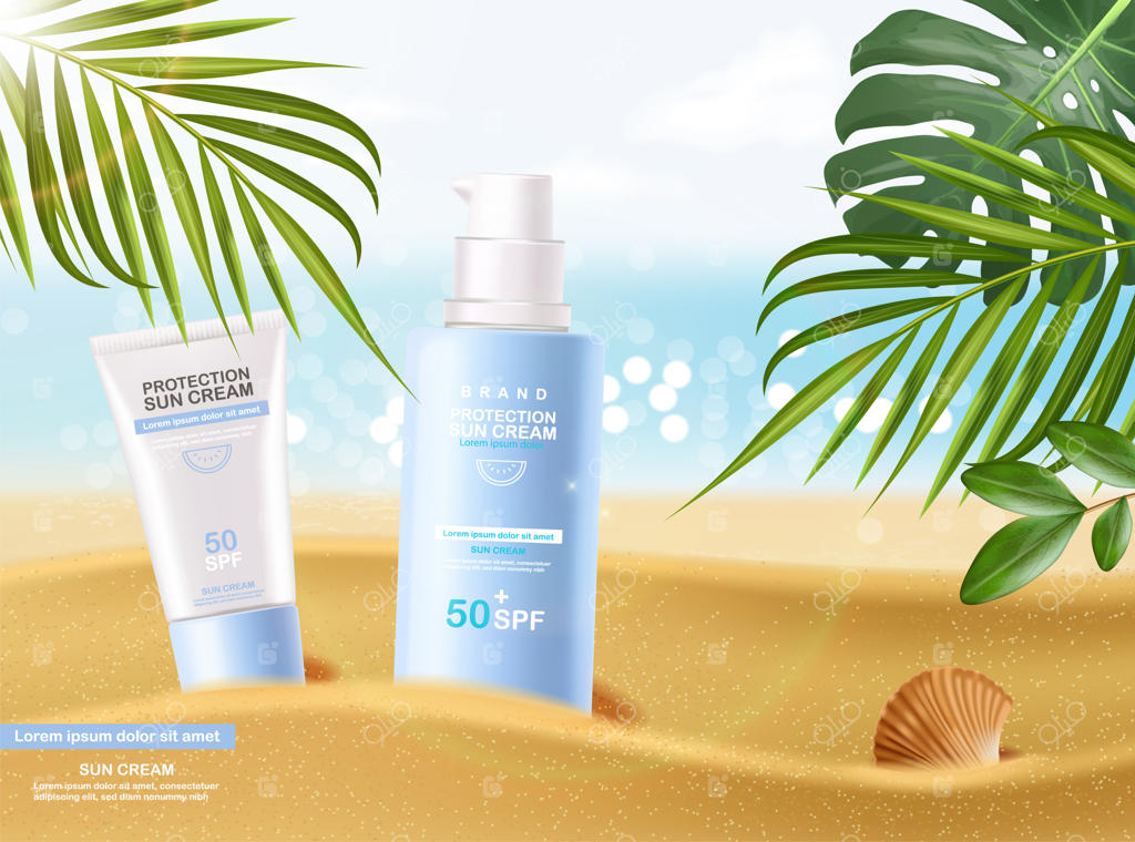 بطری کرم ضد آفتاب سه‌بعدی واقعی، بنر استوایی، کرم محافظ آفتاب با SPF 50 مخصوص تابستان، تصویرسازی لوازم آرایشی