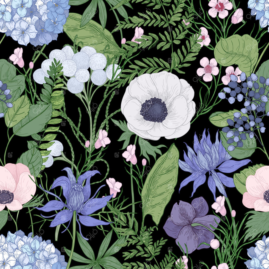 پترن یکپارچه گیاهی با گل‌های زیبای وحشی در حال شکوفه‌دهی