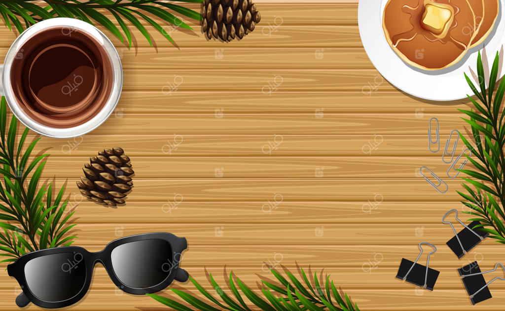 پس‌زمینه نزدیک از میز خالی با پنکیک و چند برگ تزیینی