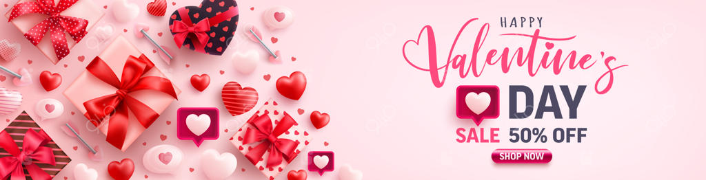 بنر فروش ویژه روز ولنتاین با نماد قلب از چراغ‌های ال‌ای‌دی و عناصر ولنتاین بر روی پس‌زمینه صورتی