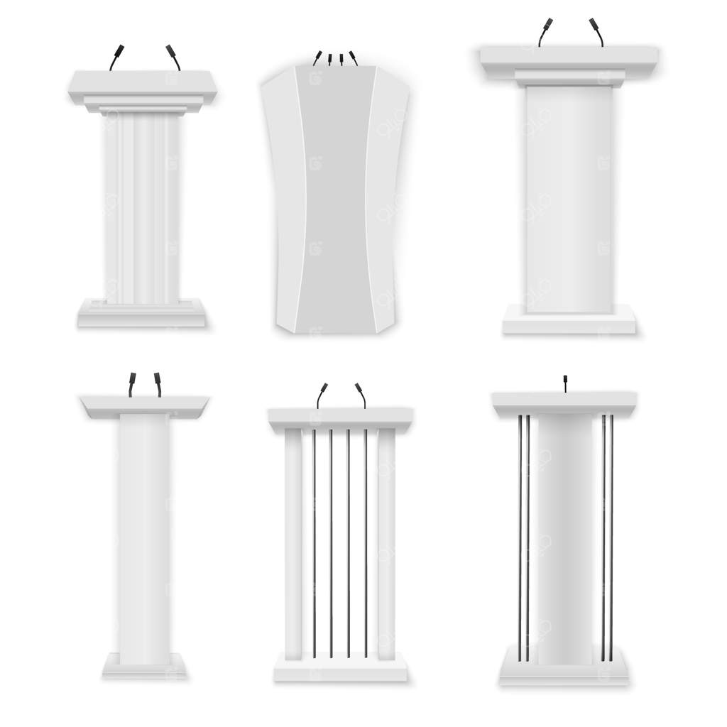 تصویرسازی خلاقانه از یک تریبون با میکروفن‌ها بر روی پس‌زمینه شفاف. تریبون سفید با میکروفن‌ها. تریبون واقع‌گرایانه برای ارائه تجاری یا سخنرانی کنفرانس.