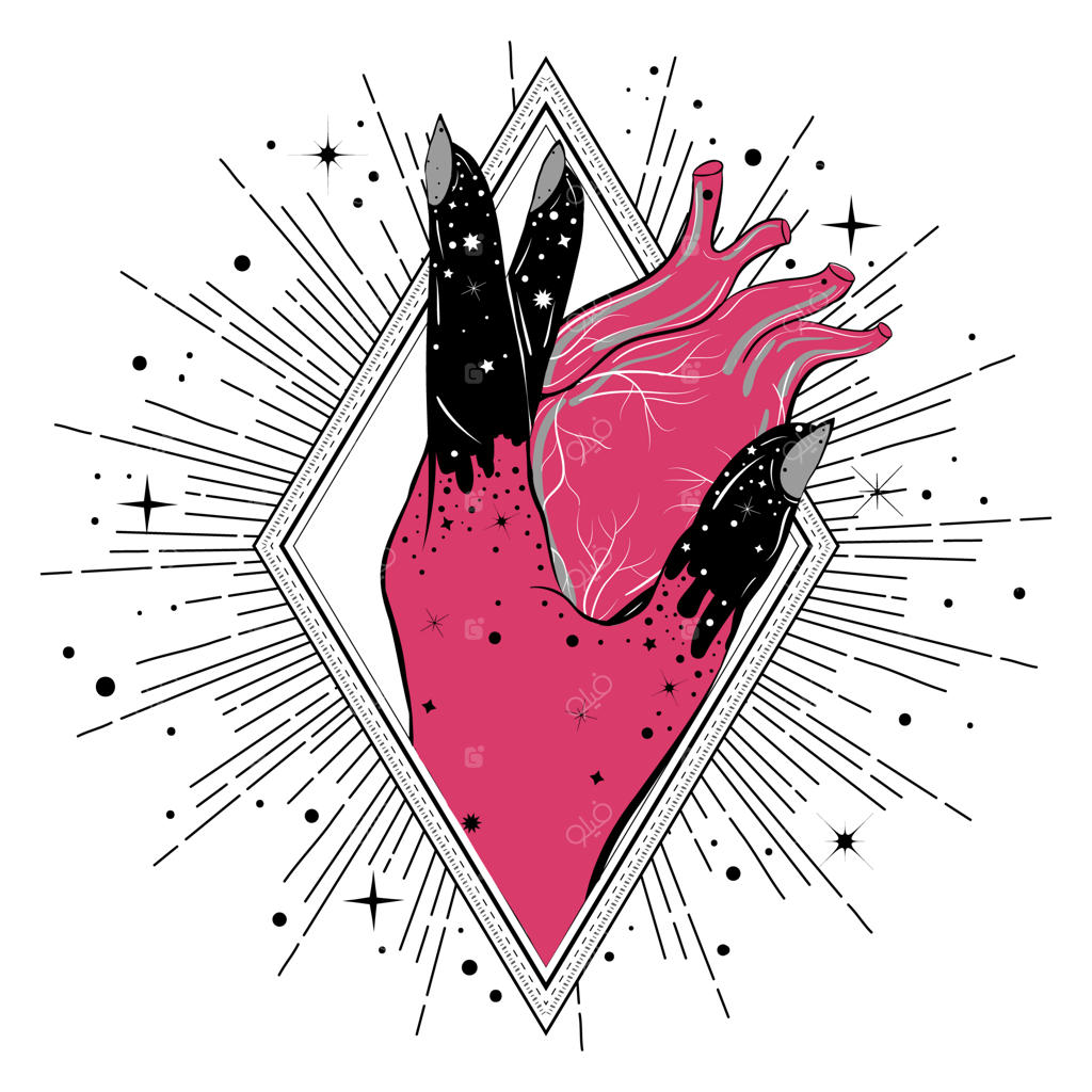 تصویر مفهومی کیمیاگری: دست جادوگر با قلب انسان به سبک گوتیک