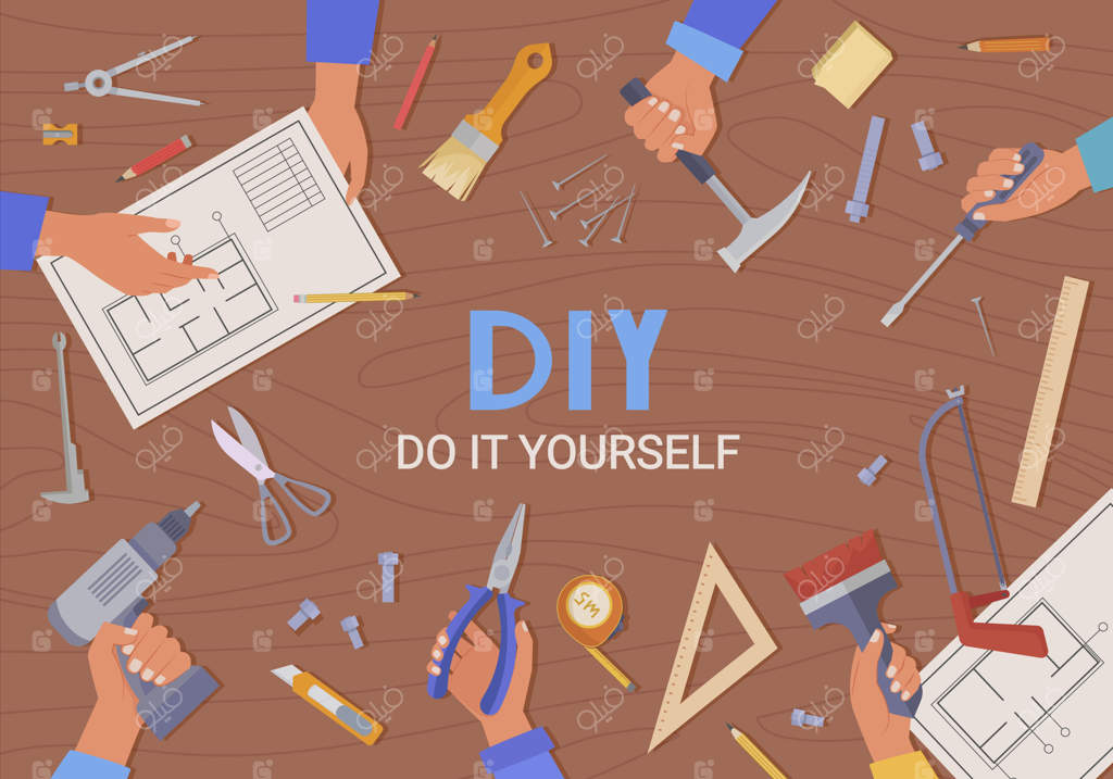 پس‌زمینه ابزارهای ساختمانی با دست‌هایی که ابزارهای کار نجاری را نگه داشته‌اند - تصویر کارتونی وکتور