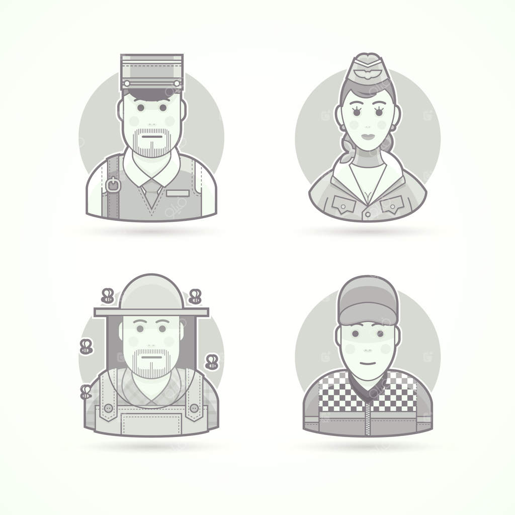 پستچی، مهماندار هواپیما، زنبوردار، راننده مسابقه‌ای. مجموعه‌ای از کاراکترها و تصویرسازی‌های افراد. سبک خطی سیاه و سفید.