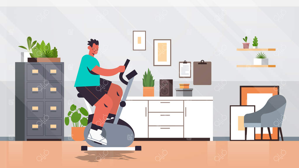 مردی در حال دوچرخه‌سواری ثابت در خانه: تمرین کاردیو برای تناسب اندام و سبک زندگی سالم - نمای داخلی اتاق نشیمن، تصویر کامل