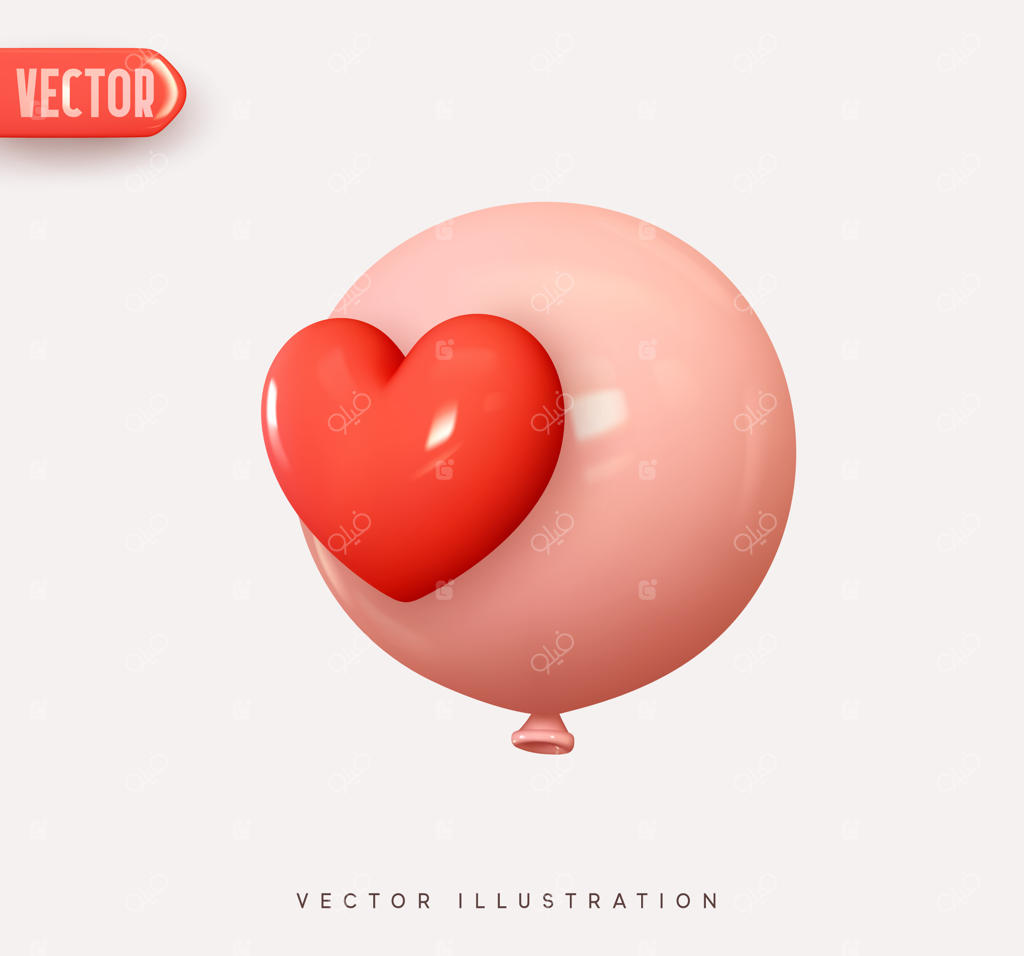بادکنک گرد صورتی رنگ با قلب قرمز - تصویر وکتور