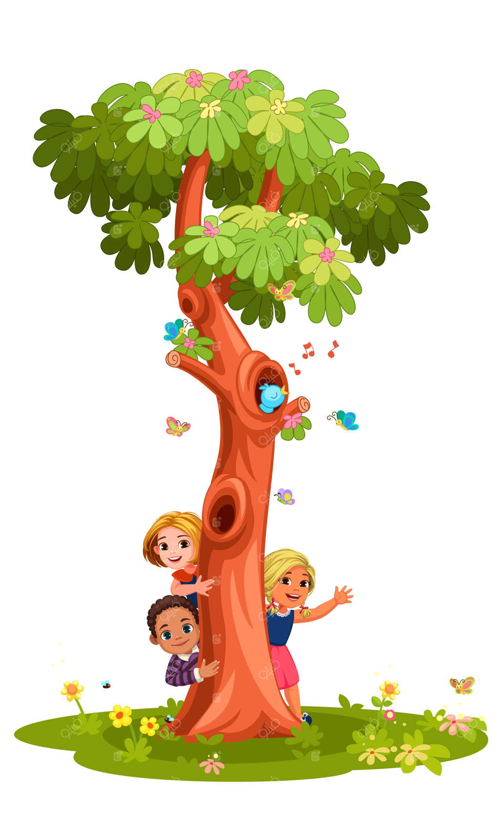 بچه‌ها پشت درخت