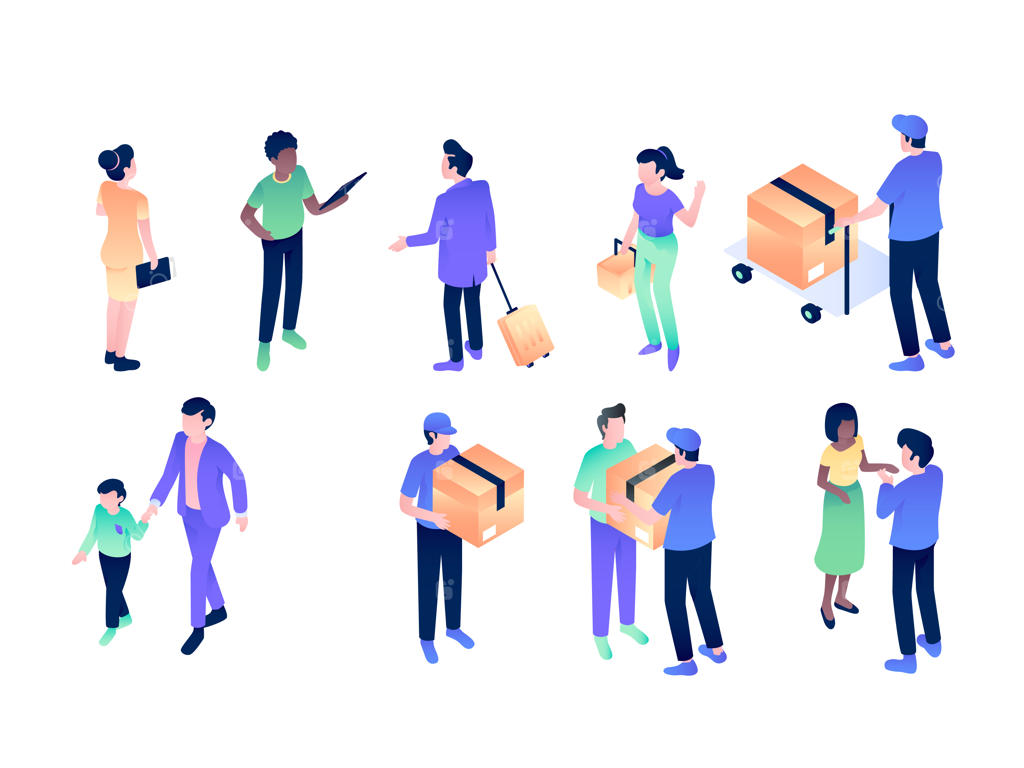 تصویر طراحی ایزومتریک پستچی و تحویل بسته‌ها