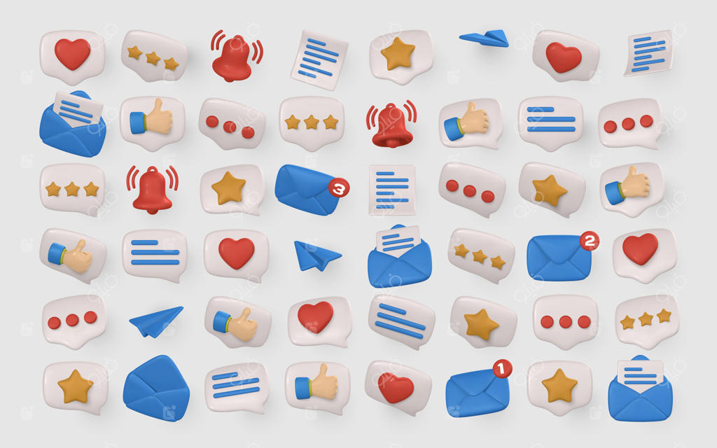 آیکون‌های سه‌بعدی اعلان، پیام، قلب، ستاره و لایک به سبک کارتونی براق برای طراحی رابط کاربری اپلیکیشن‌های موبایل و شبکه‌های اجتماعی. مجموعه‌ای رنگارنگ بر روی پس‌زمینه روشن. تصویرسازی