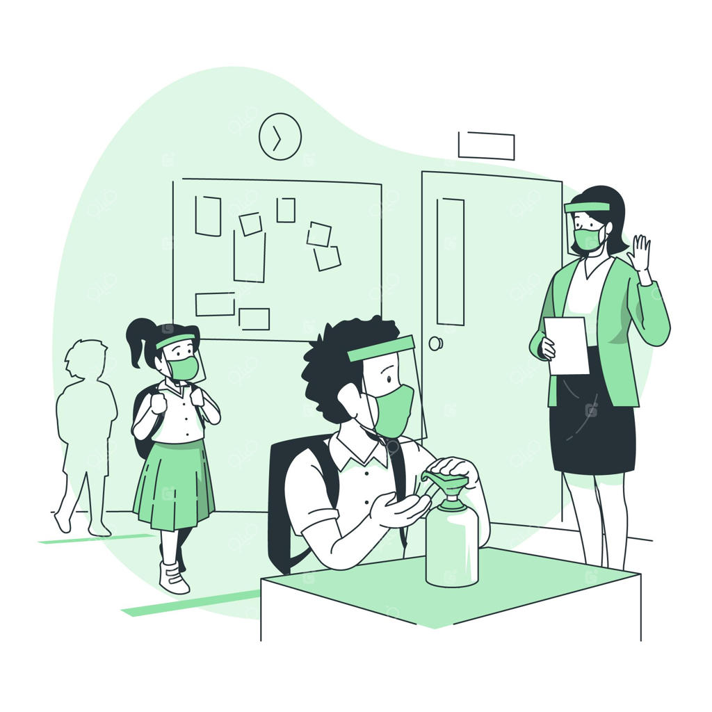 تصویرسازی مفهومی استفاده کودکان از ضدعفونی‌کننده دست در مدرسه