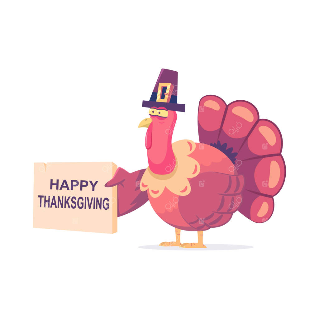 بوقلمون بامزه با کلاه زائر و تابلوی "روز شکرگزاری مبارک". شخصیت کارتونی بامزه وکتور