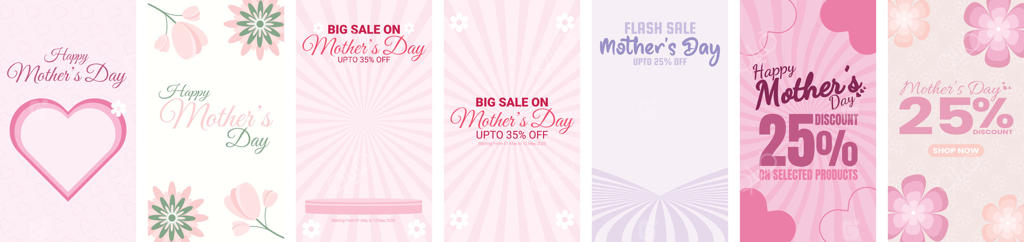 مجموعه بنرهای فروش ویژه روز مادر با طراحی‌ های گل‌دار و قلبی، شامل تخفیف‌های ۲۵ تا ۳۵ درصدی در طرح‌های پاستلی صورتی، طراحی پست شبکه‌های اجتماعی برای فروش و بازاریابی محصولات