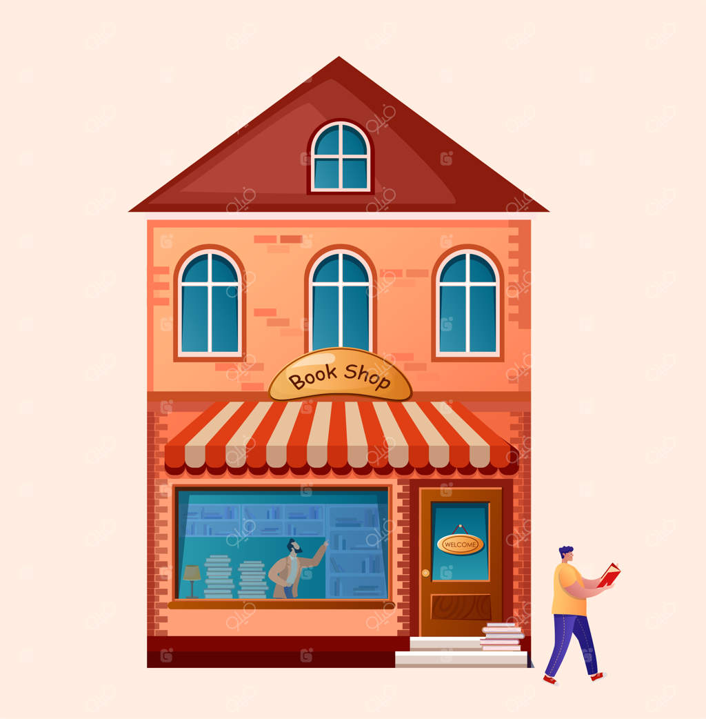 کتابفروشی. ساختمان بازار بیرونی. مرد در حال خواندن. شخصیت کتابی را از قفسه انتخاب می‌کند.