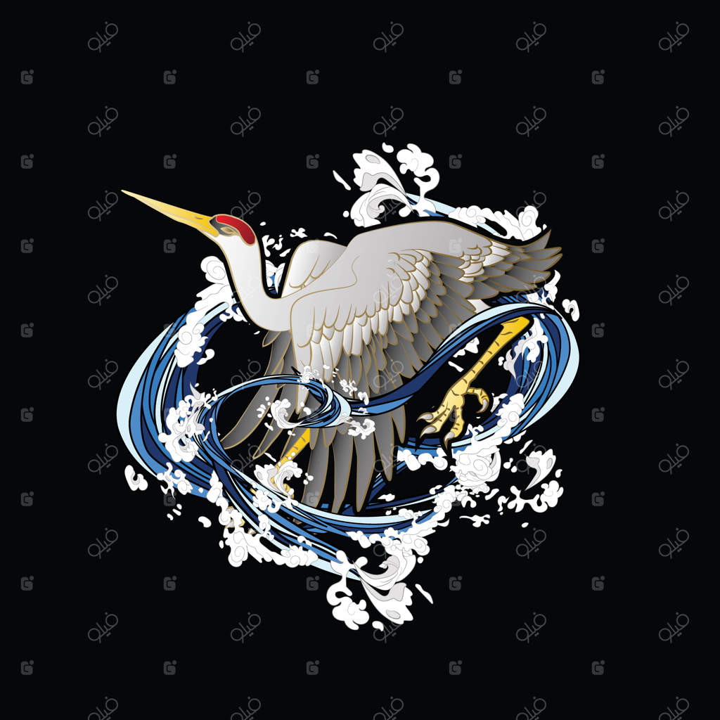 طراحی تصویر جرثقیل برای سوکاجان به معنای لباس یا تی‌شرت سنتی ژاپنی و لوگو است.