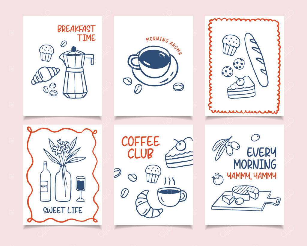 مجموعه پوسترهای صبحانه: نقاشی کروسان و قهوه با مداد شمعی آبی و قرمز