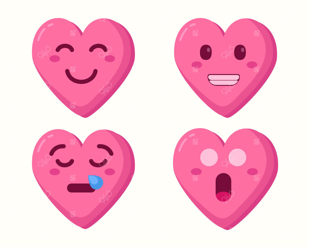 مجموعه‌ای از قلب‌های کارتونی صورتی خنده‌دار با چهره‌های مختلف