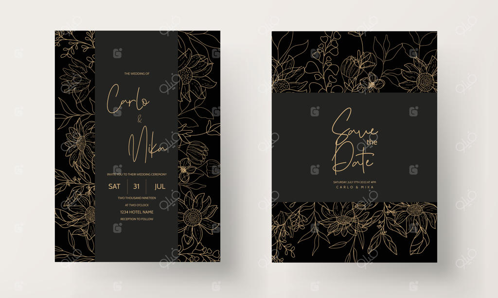 کارت دعوت عروسی با عناصر گل تک‌خطی دست‌کشیده و تزئینی