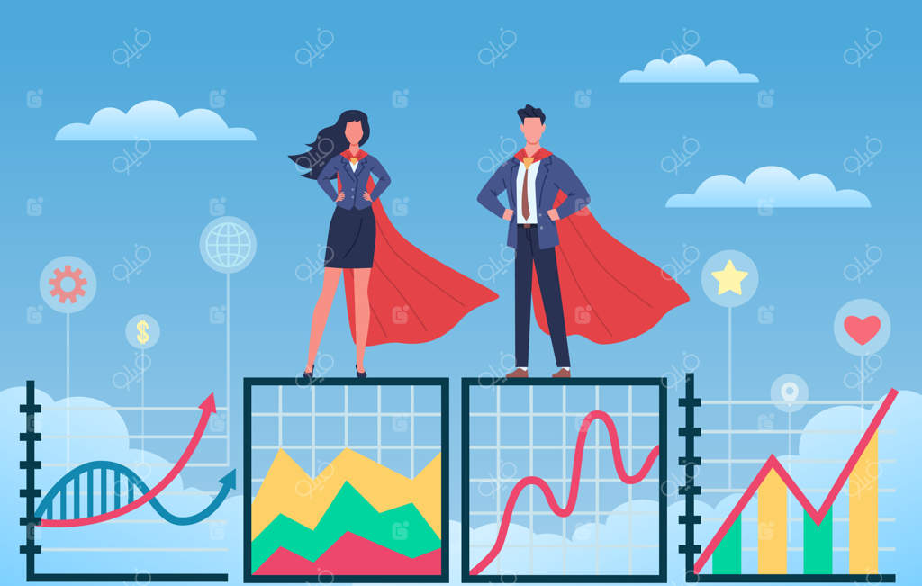 ابرقهرمانان دنیای تجارت در پرواز: زنان و مردانی با لباس‌های شیک و شنل‌های رنگین در آسمان آبی، نمودارهای رشد در پس‌زمینه، گروهی از حرفه‌ای‌ها در کنار هم برای همکاری موفقیت‌آمیز - مفهوم کارتونی وکتور