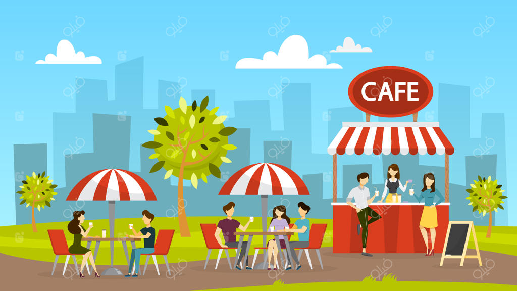 کافه خیابانی: مردم دور میز نشسته‌اند