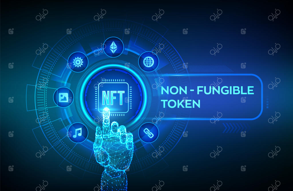 مفهوم توکن غیرقابل تعویض (NFT): هنر دیجیتال و فناوری بلاک‌چین. سرمایه‌گذاری در رمزنگاری. دست روباتیک و لمس رابط دیجیتال. تصویر برداری.