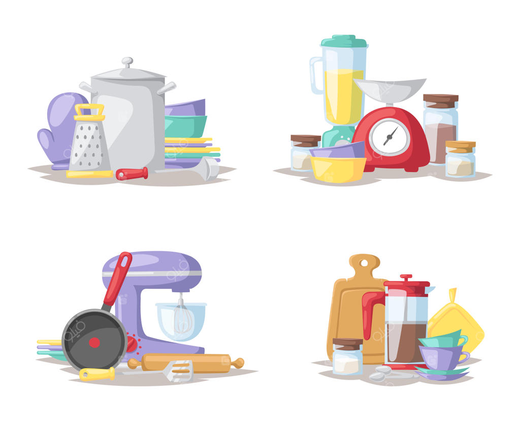 تصویرسازی تخت مجموعه ابزارهای آشپزخانه.