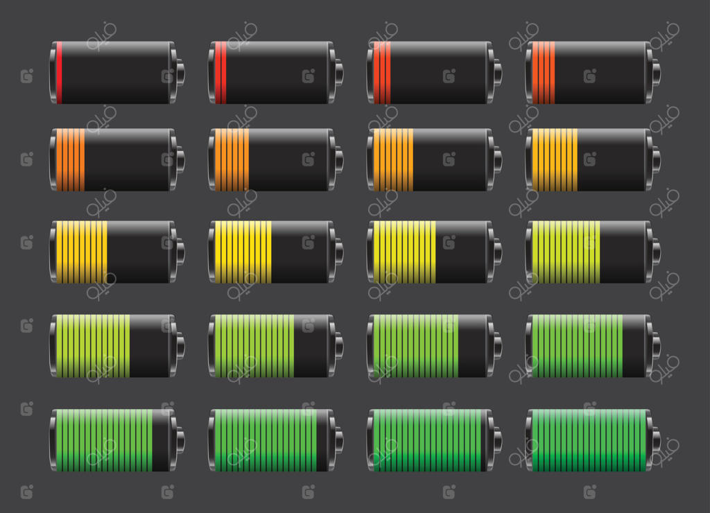 مجموعه‌ای از باتری‌ها با سطوح مختلف شارژ: عمر باتری، باتری ضعیف، و شارژ مجدد باتری.