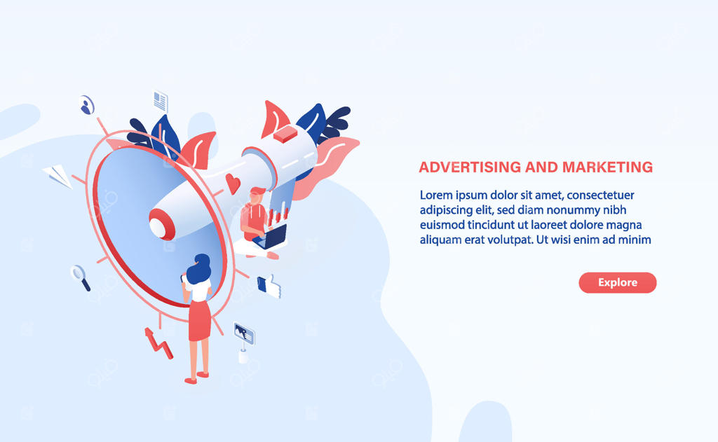 قالب بنر وب مدرن با بلندگوی غول‌پیکر و افراد کوچک یا کارکنان اداری با فضای متن. تبلیغات و بازاریابی اینترنتی. تصویرسازی ایزومتریک خلاقانه و رنگارنگ.