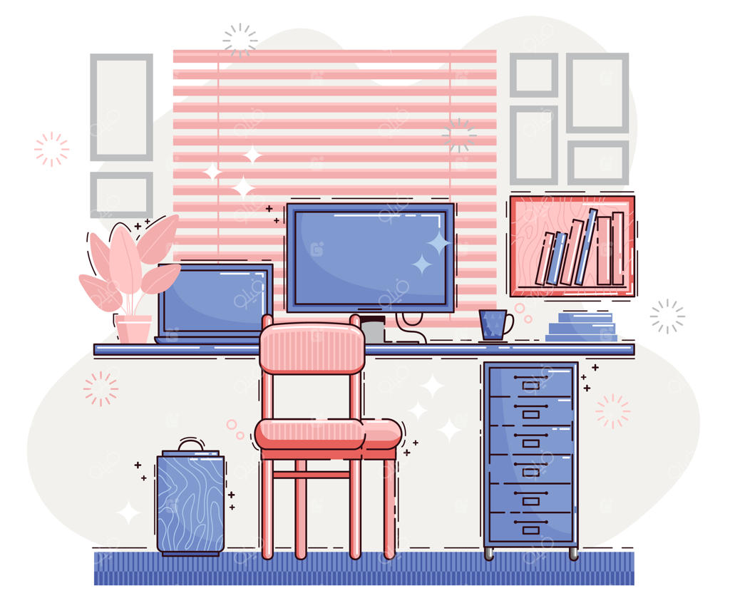 فضای داخلی اتاق کار و دفتر خانگی با کامپیوتر، لپ‌تاپ و مبلمان؛ محیط کاری تمیز و مرتب بدون حضور افراد