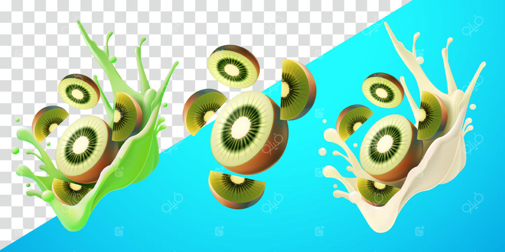 برش‌های کیوی با آب‌میوه پاشیده و شیر تازه. مناسب برای دکوراسیون، عناصر تزئینی، غذا و نوشیدنی‌ها