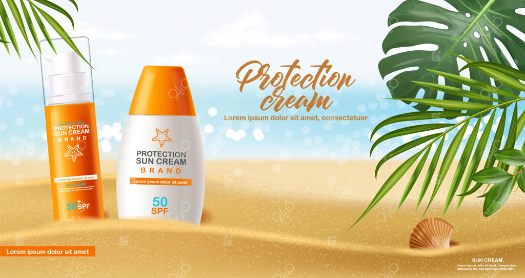 بطری کرم ضد آفتاب سه‌بعدی واقع‌گرایانه، پس‌زمینه دریا، بنر گرمسیری، بسته‌بندی، محافظت در برابر آفتاب، کرم ضد آفتاب با SPF 50 برای محصولات آرایشی تابستانی