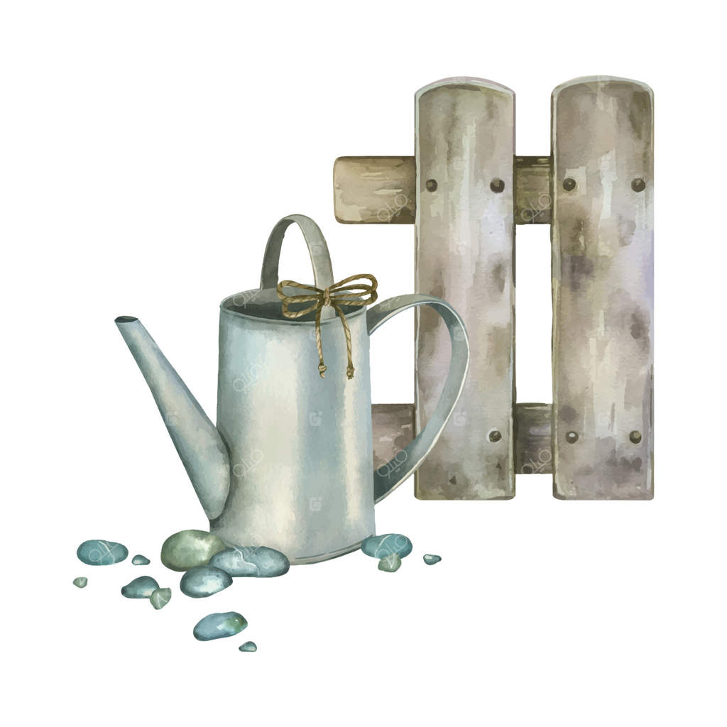 آب پاش برای آبیاری گل‌ها و باغ با پاپیونی از نخ کنفی، حصار و سنگ‌ریزه‌ها. ترکیب بندی آبرنگی. تمام اشیا با آبرنگ دست‌ساز نقاشی شده‌اند. مناسب برای چاپ روی کارت پستال‌ها.