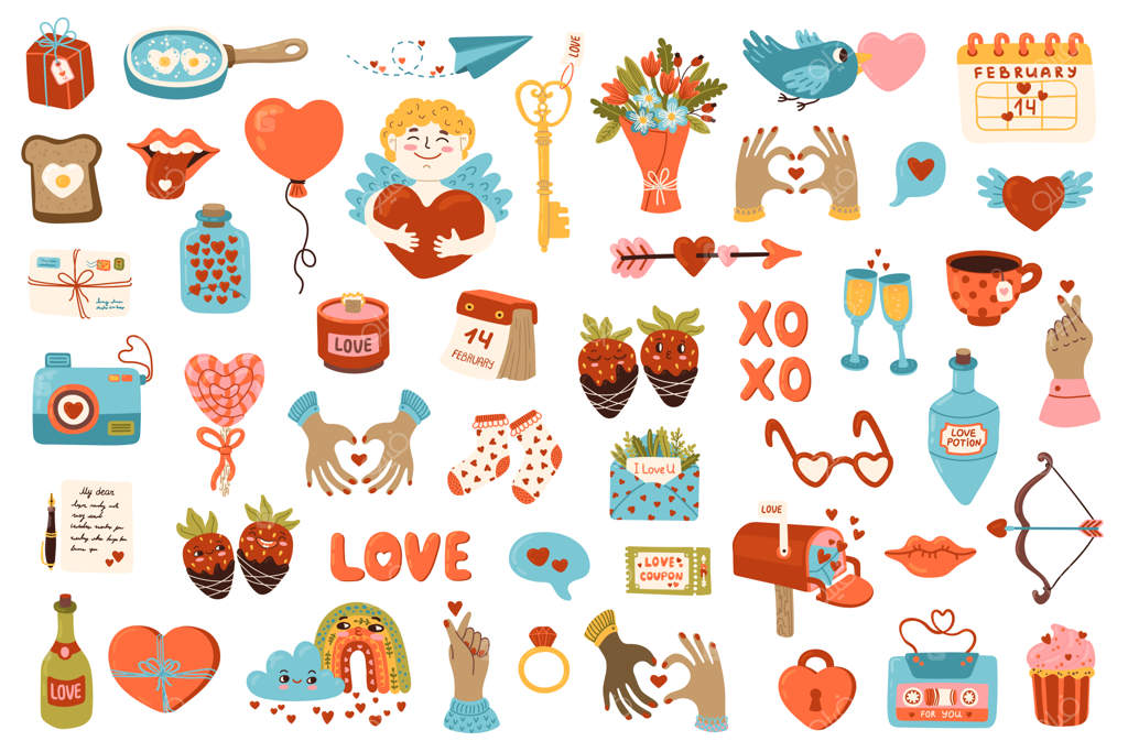 استیکرهای روز ولنتاین برنامه‌ریزی نامه عاشقانه دفترچه هدیه قلب بادکنک بوسه کلید آب‌نبات و عناصر دیگر