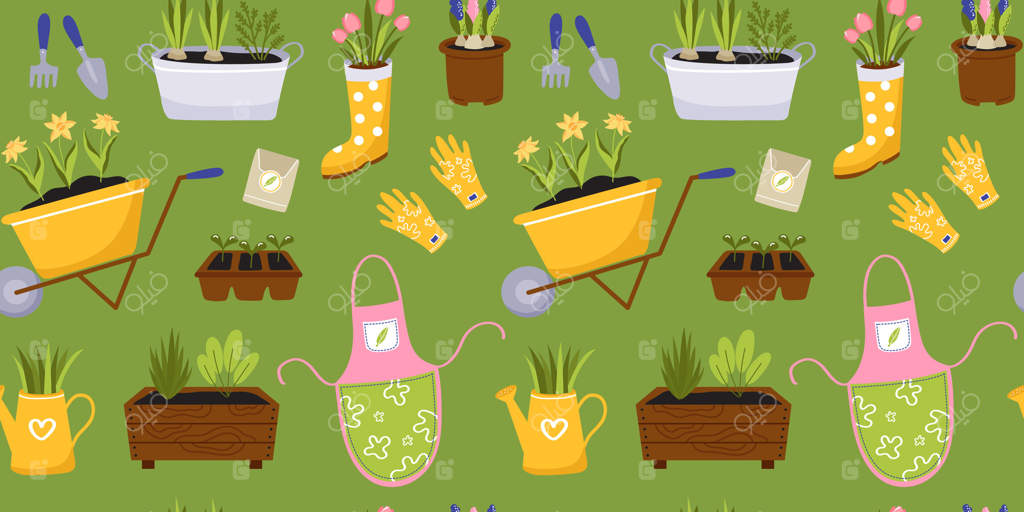پترن یکپارچه باغبانی بهاری: چرخ‌دستی باغ، پیش‌بند، گیاهان، آب‌پاش و گل‌ها.