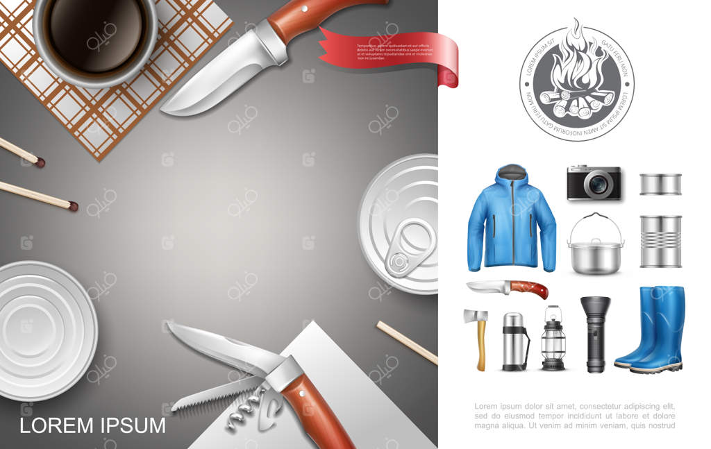 مفهوم واقعی کمپینگ و گردشگری با کنسرو غذا، کاپشن، چکمه، چاقو، تبر، چراغ‌قوه، فانوس، فلاسک، ماهیتابه آشپزی، دوربین و کبریت‌ها