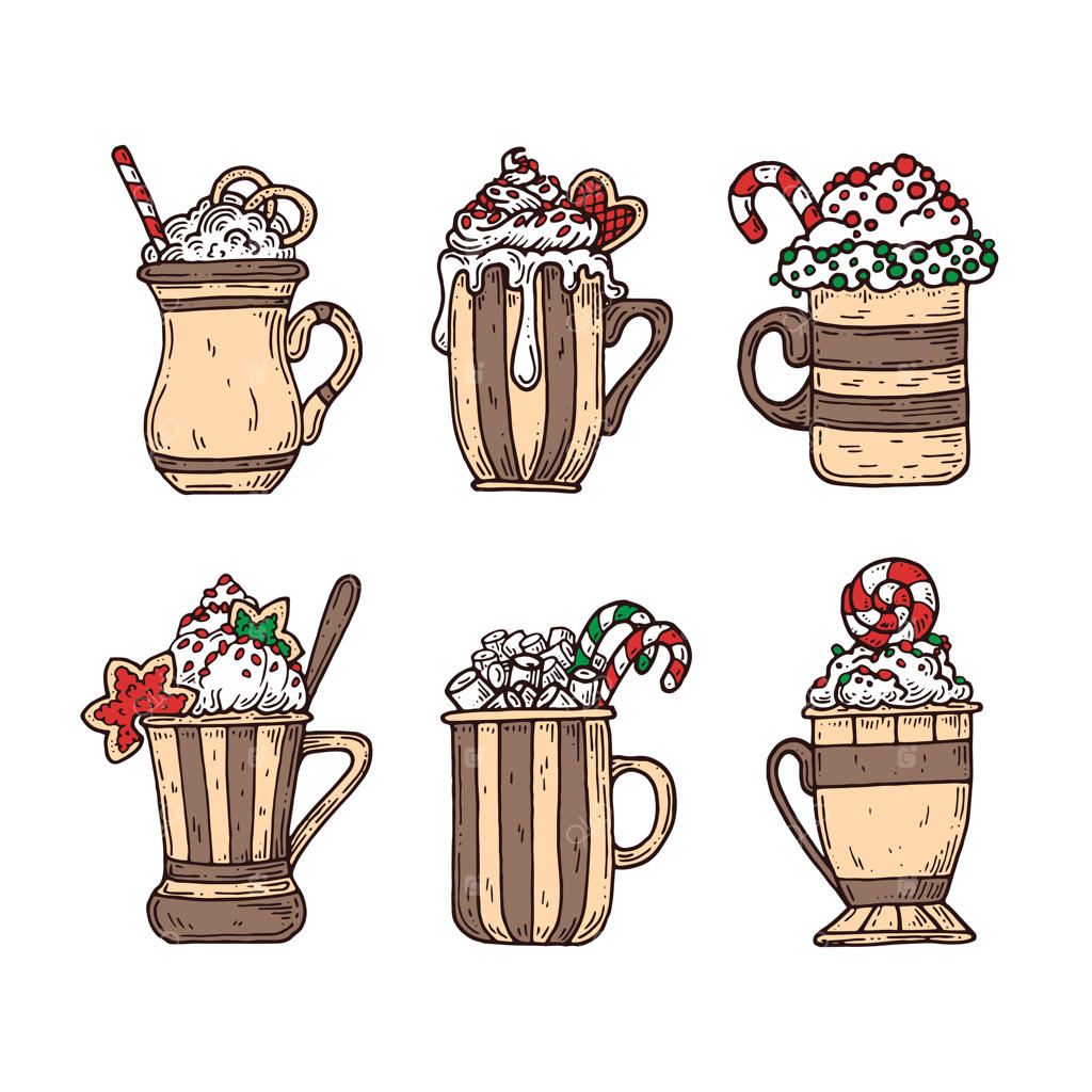 یک ست فنجان با نوشیدنی‌های گرم برای کریسمس.