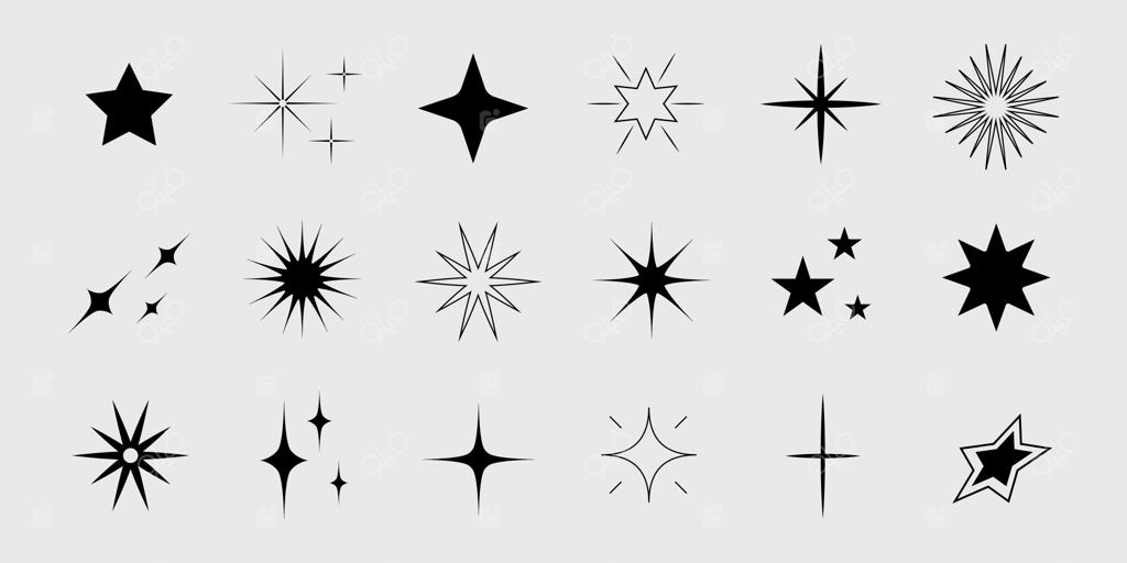 مجموعه اشکال ستاره‌ای درخشان با سبک رترو فوتوریستیک