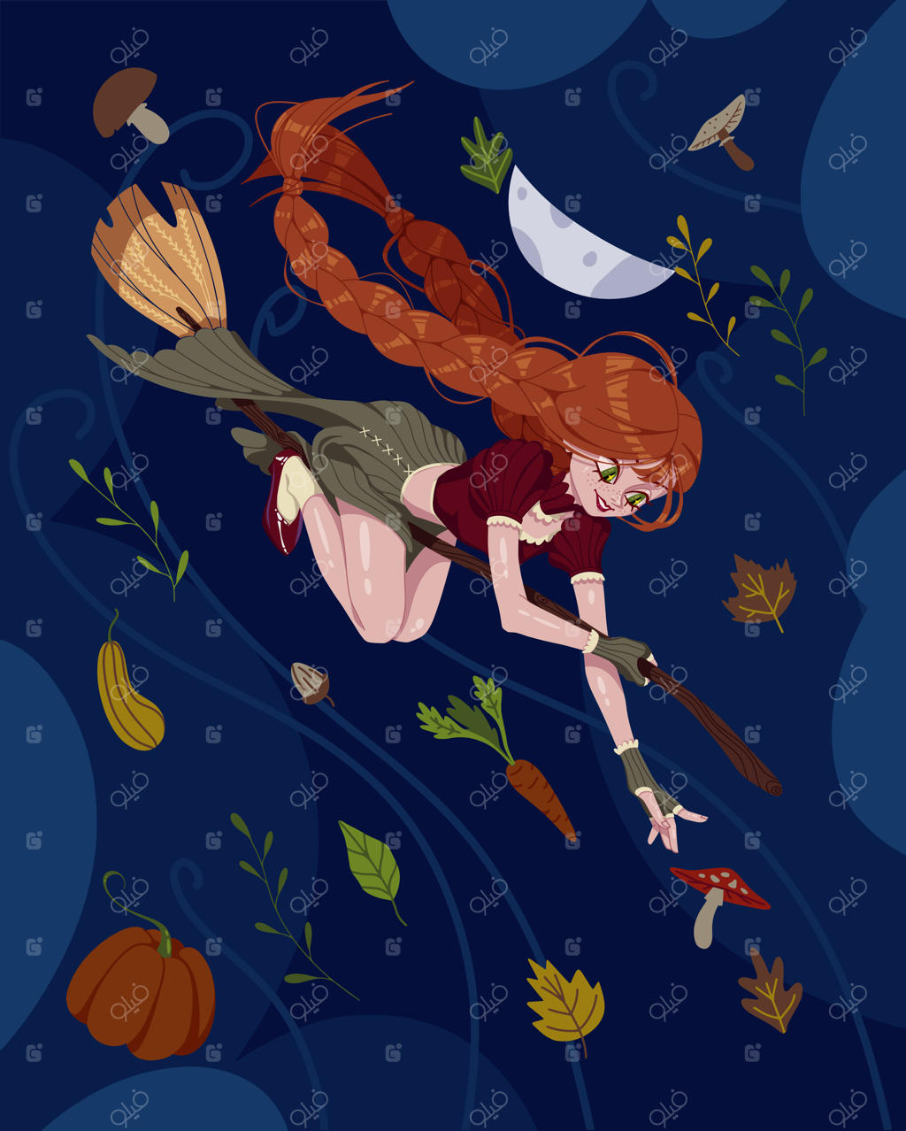 تصویرسازی وکتور کارتونی پرواز جادوگر با جارو در شب به همراه محصولات برداشت پاییزی