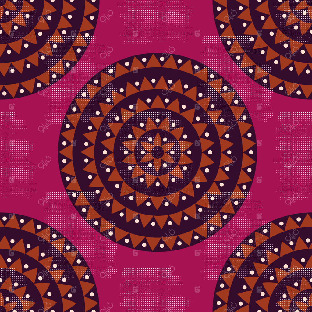 الگوی یکپارچه ماندالا قبیله‌ای بومی با طراحی هفت‌نقطه‌ی رنگارنگ. پس‌زمینه‌ای زینتی با نقوش گل، مثلث‌ها و نقاط.