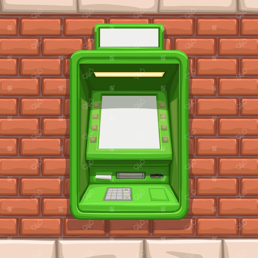 خودپرداز سبز روی دیوار آجری قرمز