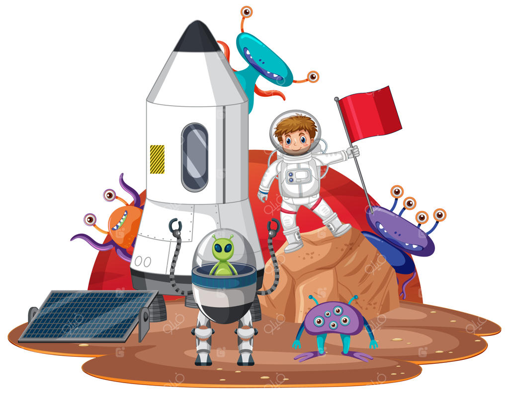 فضانورد کارتونی و بیگانگان روی سیاره به سبک کارتونی
