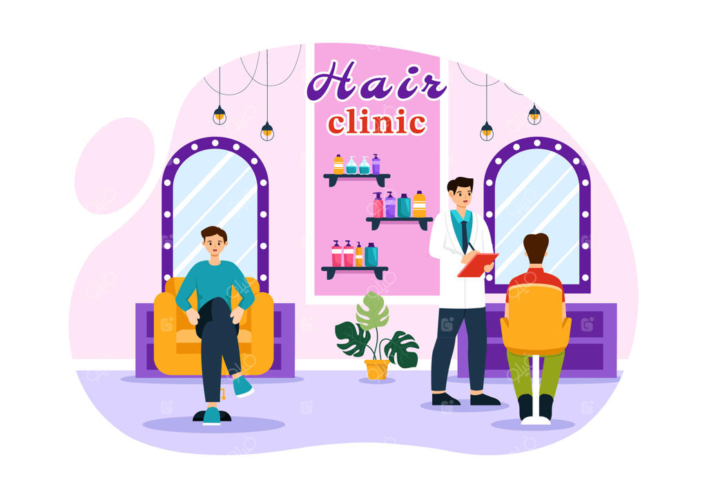 تصویرسازی کلینیک مو با آرایشگر، اصلاح مو، مراقبت مو و مدل مو در سالن زیبایی یا آرایشگاه با پس‌زمینه کارتونی