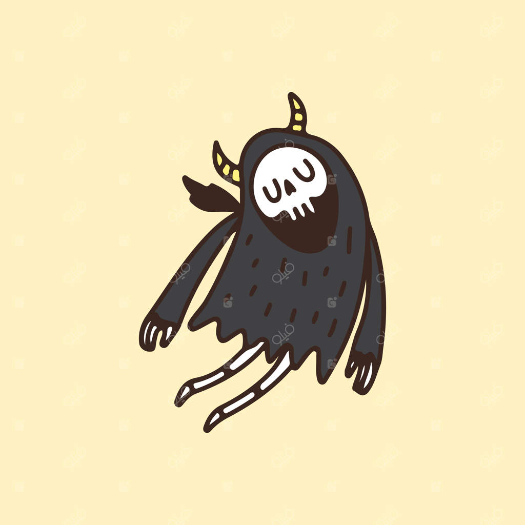 جمجمه بامزه فرشته مرگ در حال پرواز، طراحی برای تیشرت، پوستر، استیکر.