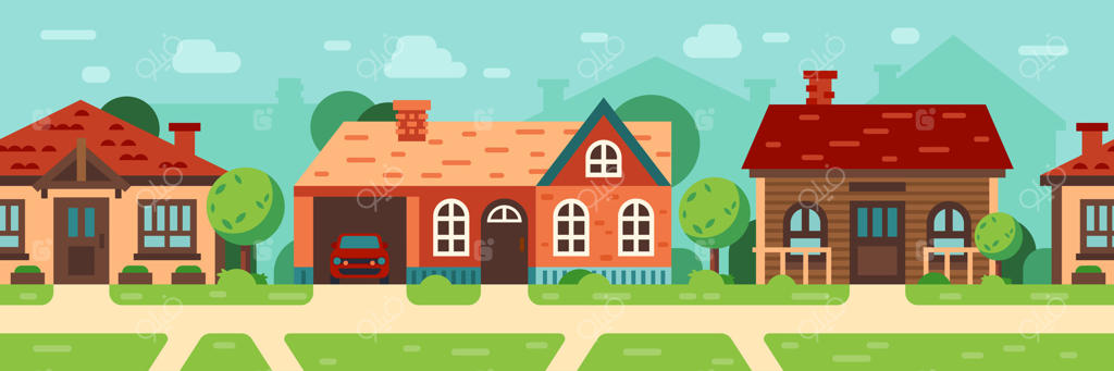 خیابان آرام در حومه شهر با خانه‌های ویلایی و درختان سبز: منطقه‌ای مسکونی آرام با ماشین‌های پارک شده زیر آسمان آبی و ابرهای پراکنده، ایده‌آل برای مفاهیم املاک و زندگی