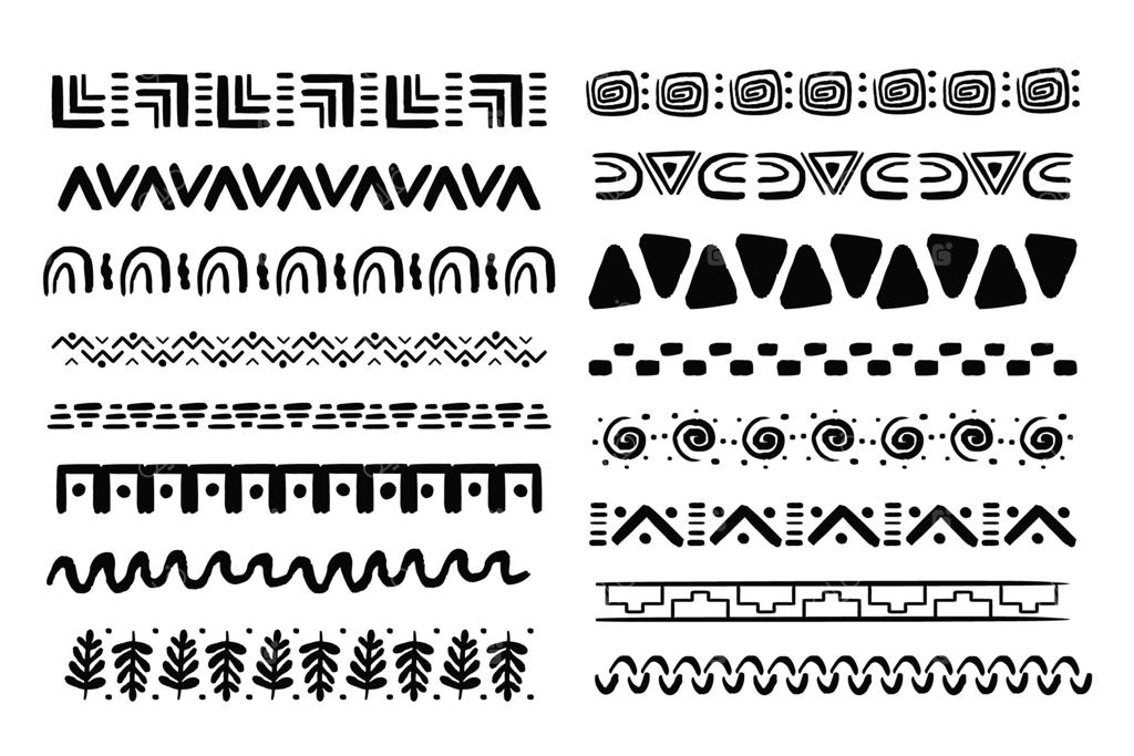 حاشیه موتیف قبیله‌های آفریقایی با اشکال هندسی در سبک طراحی دستی، بر روی پس‌زمینه سفید. دکور بومی سنتی به سبک بوهو و اسکاندیناوی.