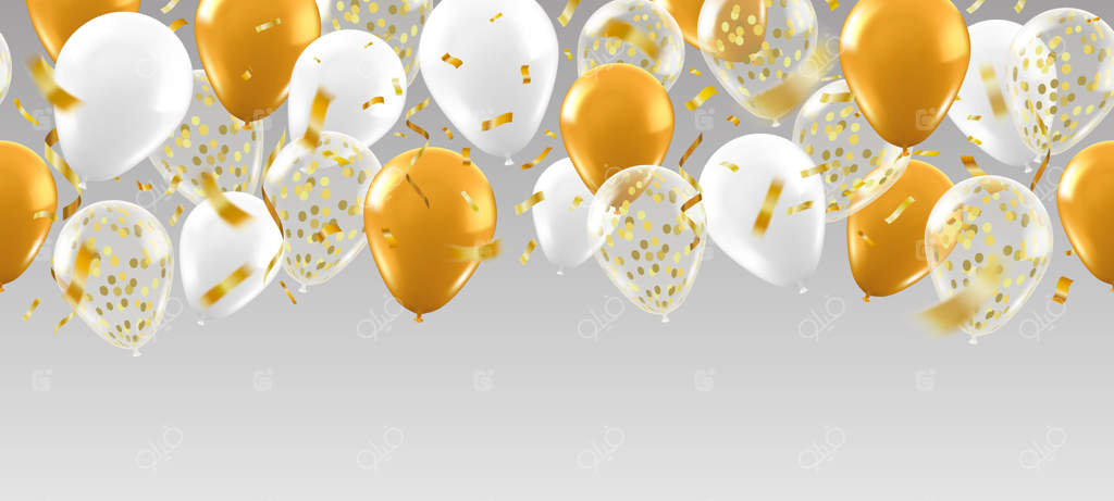 بنر واقع‌گرایانه بادکنک‌ها: پوستر جشن تولد با بادکنک‌های پر زرق و برق طلایی، بادکنک‌های هلیومی، پولک‌های براق و روبان‌ها برای کارت تبریک. بنر بادکنک‌های براق و در حال پرواز برای جشن سالگرد.